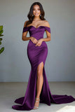 Dusty Blue Off the Shoulder Mermaid Long Prom Dress with Slit