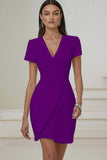 Ivory V-Neck Pencil Pleated Short Work Dress with Sleeves