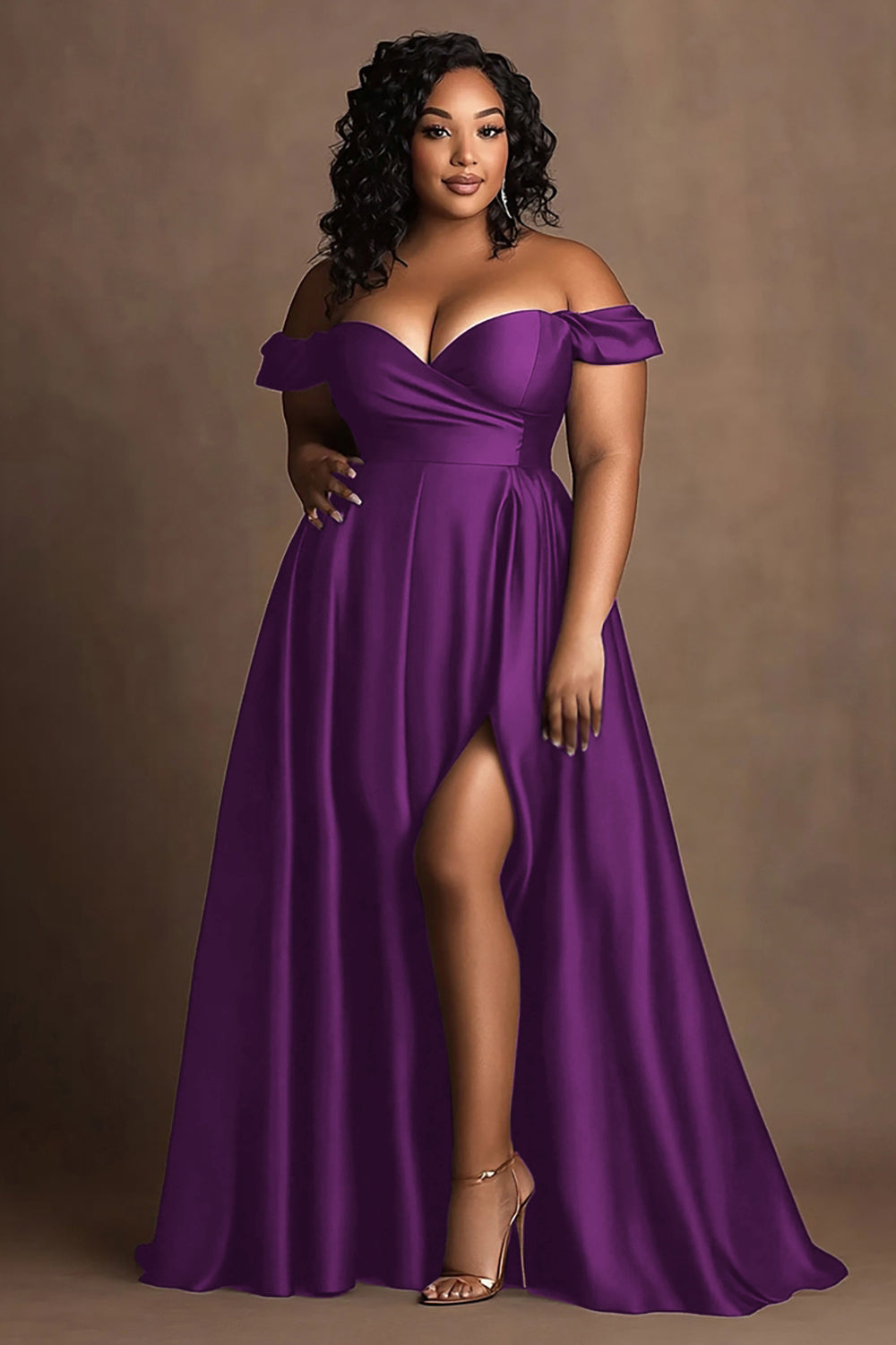 Off the Shoulder Navy Plus Size Long Satin Formal Dress with Slit