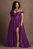 Off the Shoulder Navy Plus Size Long Satin Formal Dress with Slit