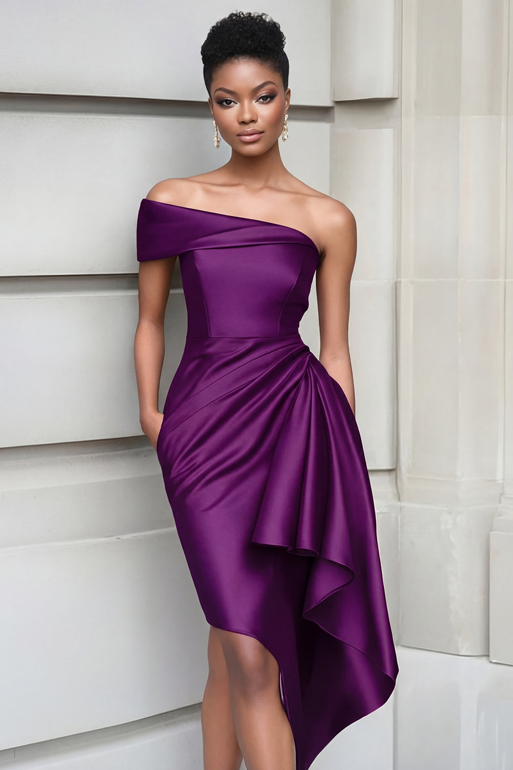Ruffled One Shoulder Tight Burgundy Knee Length Gala Dress