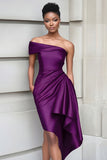 Ruffled One Shoulder Tight Burgundy Knee Length Gala Dress