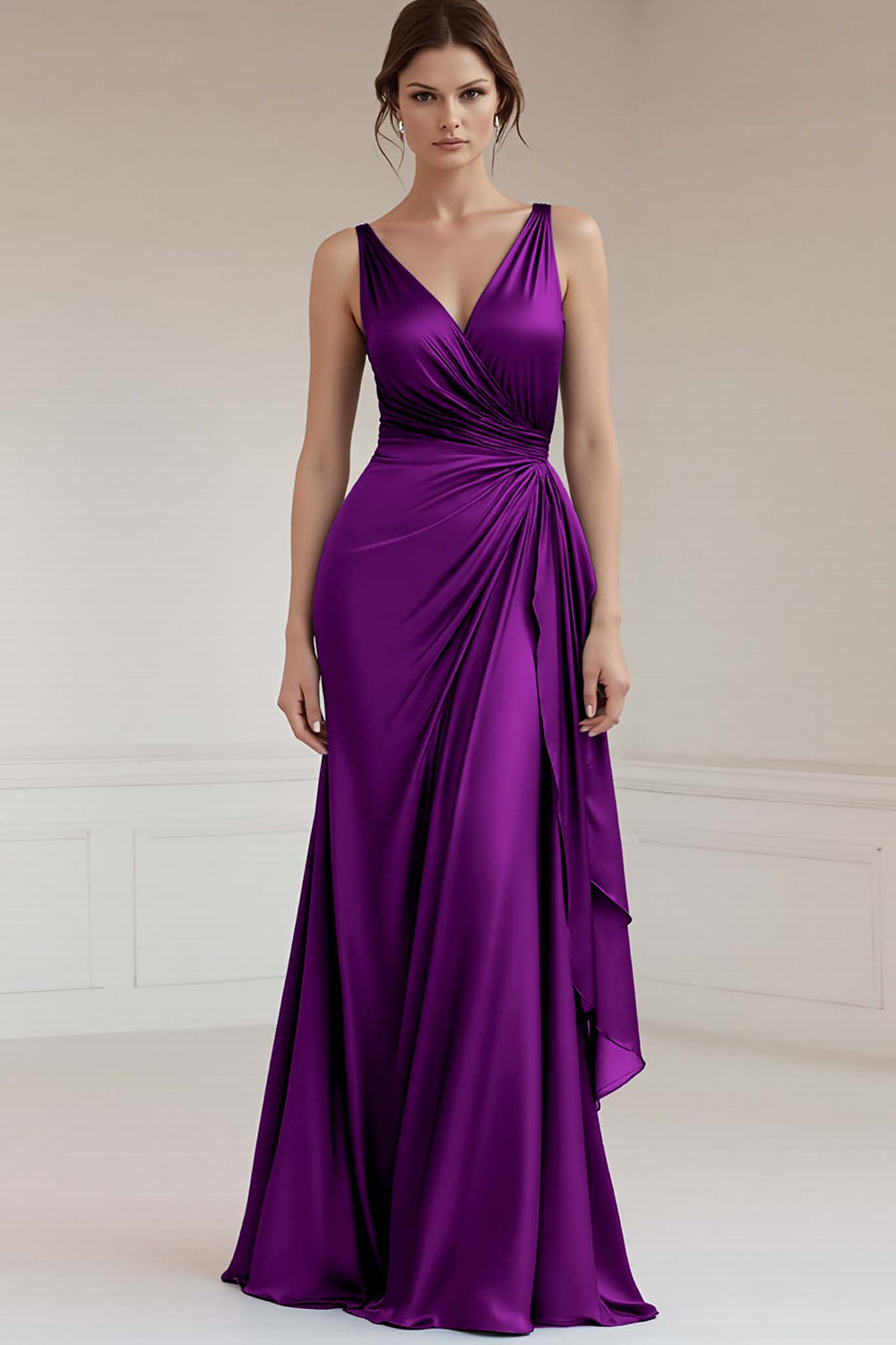 peacock purple dress Peacock Sheath Satin V-Neck Long Formal Dress