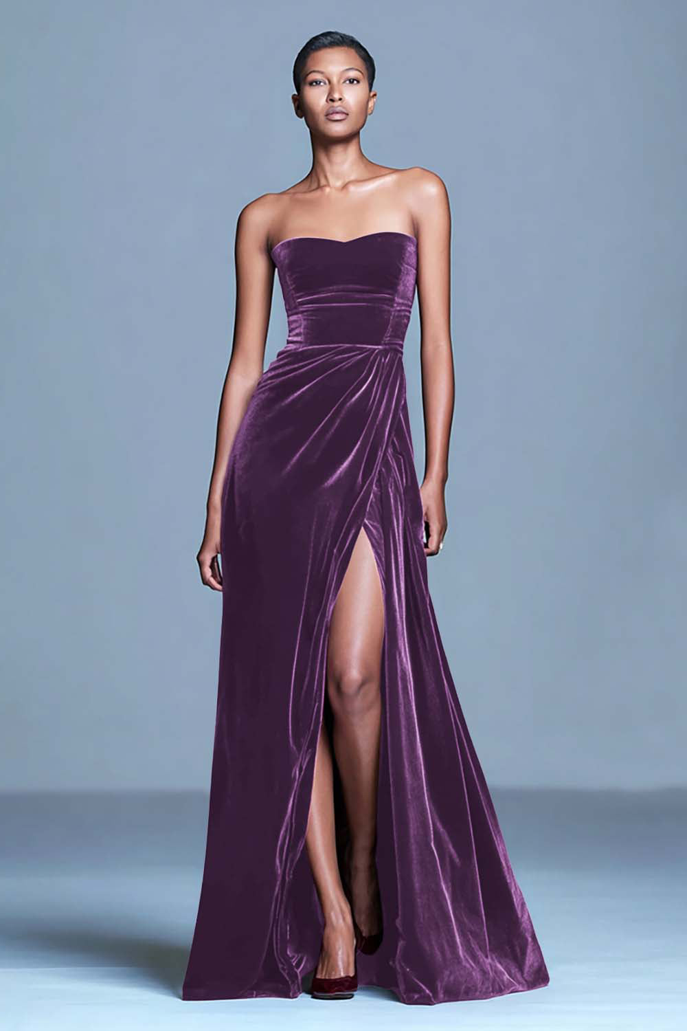Zapakasa Women Burgundy Velvet Long Holiday Party Dress with Slit Strapless Sheath Formal Dress Zapakasa Women Burgundy Velvet Long Holiday Party Dress with Slit Strapless Sheath Formal Dress