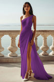 Dusty Blue Chiffon One Shoulder Beach Long Formal Dress with Slit
