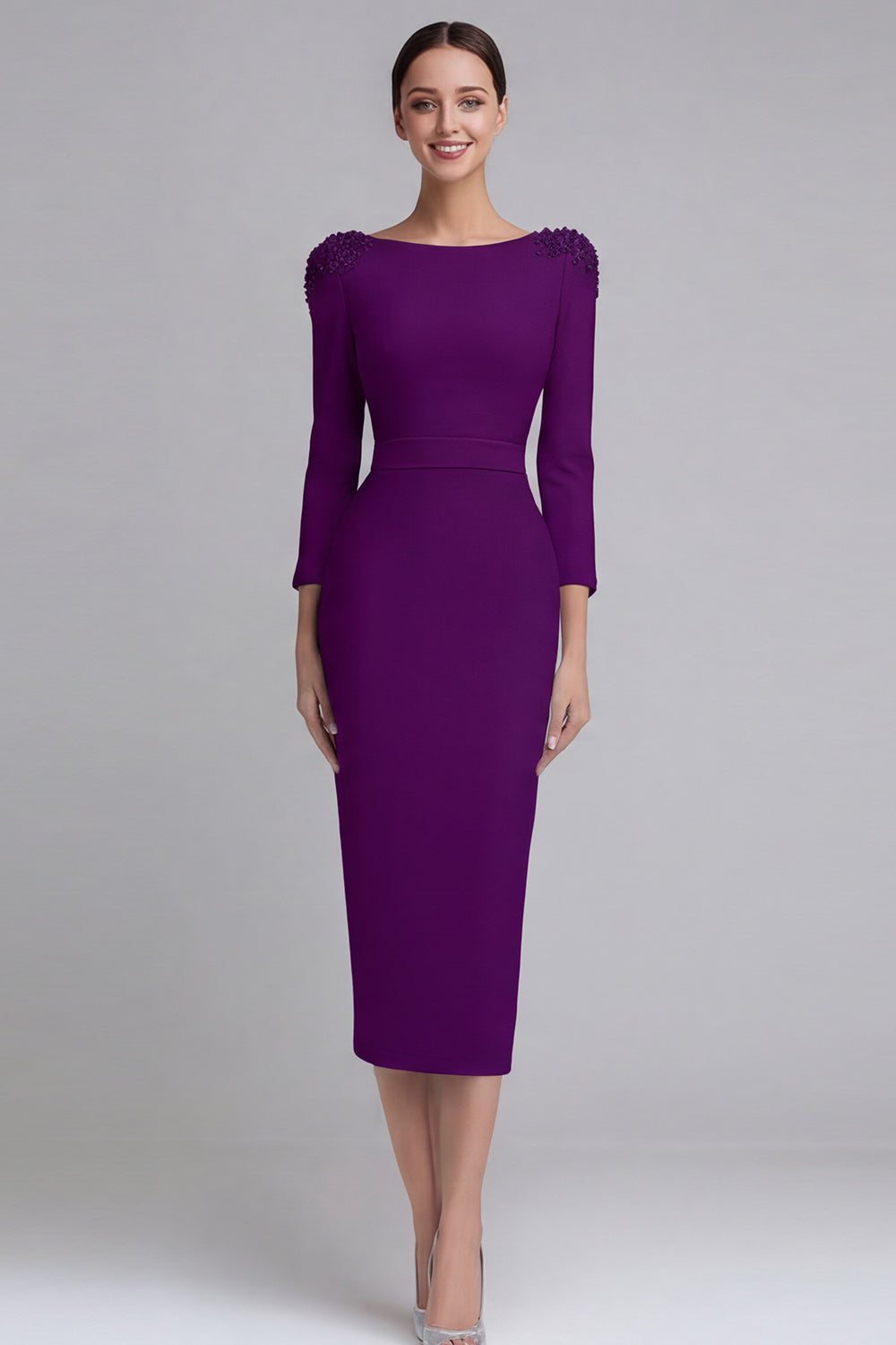 Simple Light Blue Pencil Boat Neck Midi Work Dress with Sleeves