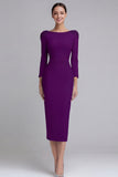 Simple Light Blue Pencil Boat Neck Midi Work Dress with Sleeves