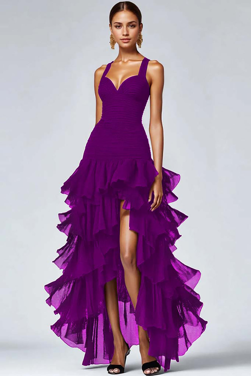 Black Organza Sweetheart Ruffled High-Low Formal Dress