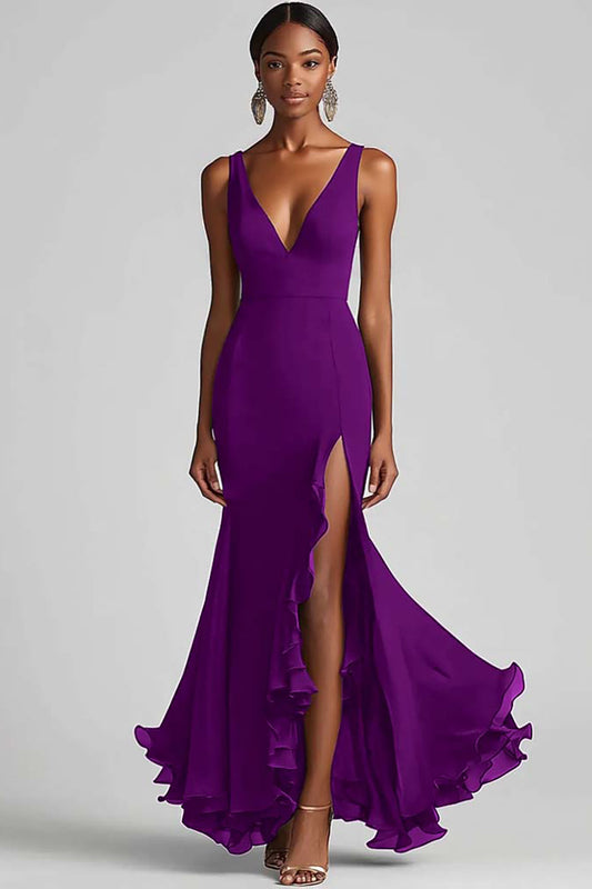 Ink Blue Chiffon V-Neck Ruffled Long Formal Dress with Slit