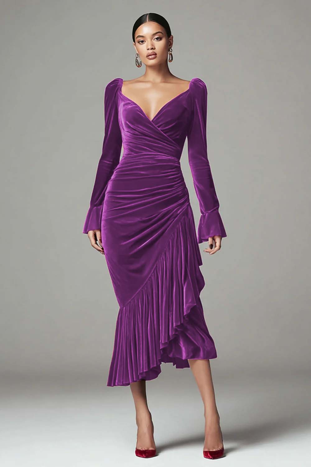 Burgundy Mermaid Velvet Ruched Holiday Party Dress with Ruffles