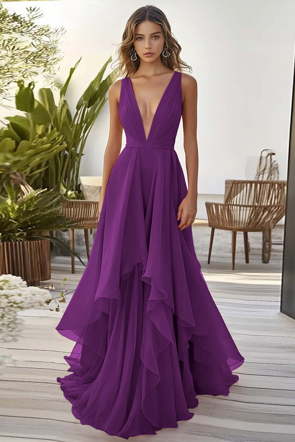 ZAPAKASA Women Dusty Blue Chiffon Long Wedding Guest Dress with Ruffles Deep V-Neck A Line Sleeveless Prom Dress ZAPAKASA Women Dusty Blue Chiffon Long Wedding Guest Dress with Ruffles Deep V-Neck A Line Sleeveless Prom Dress