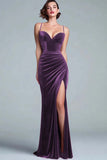 Burgundy Velvet Mermaid Ruched Long Holiday Party Dress with Slit