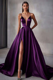 A Line Navy Satin Spaghetti Straps Long Prom Dress with Slit