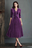 Burgundy V-Neck A Line Midi Velvet Holiday Party Dress