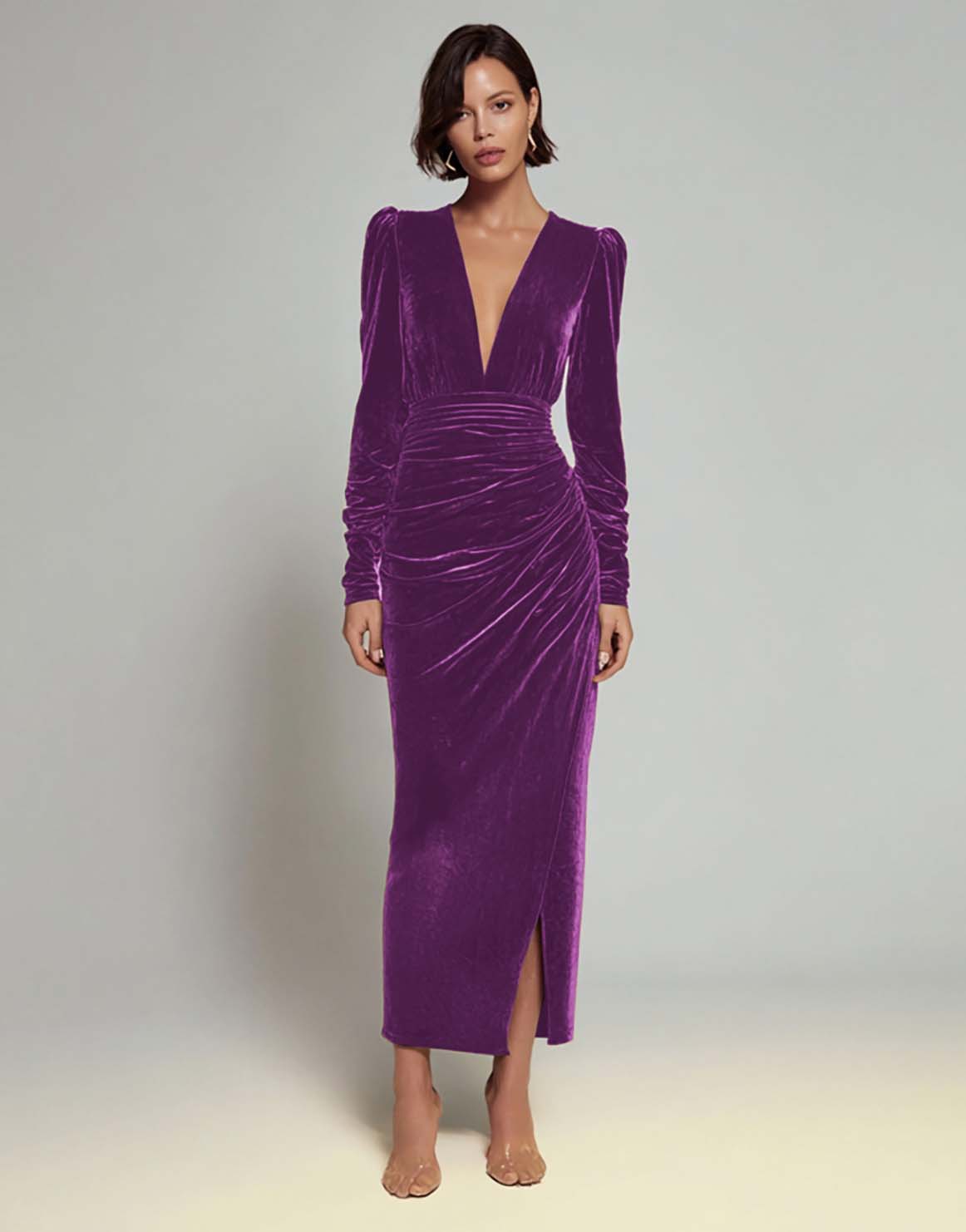 Olive Sheath Velvet Deep V-Neck Long Holiday Party Dress with Sleeves