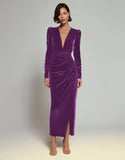 Olive Sheath Velvet Deep V-Neck Long Holiday Party Dress with Sleeves
