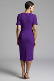 Champagne Bodycon V-Neck Midi Satin Work Dress with Short Sleeves