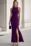 Black Satin Sheath Long Formal Dress with Slit