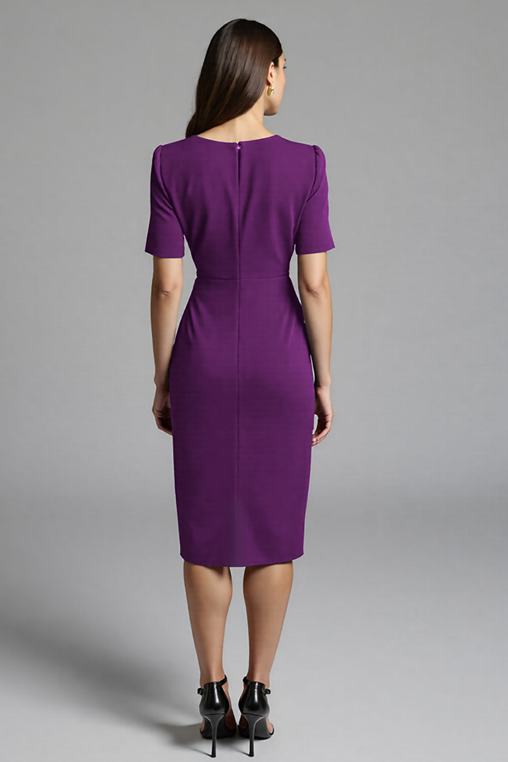 Royal Blue Bodycon V-Neck Midi Satin Work Dress with Short Sleeves