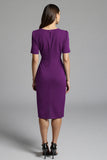 Royal Blue Bodycon V-Neck Midi Satin Work Dress with Short Sleeves