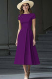 Dusty Blue Satin A Line Bateau Neck Midi Work Dress with Sleeves