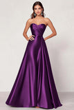 Dusty Blue Satin A Line Sweetheart Long Ruched Prom Dress