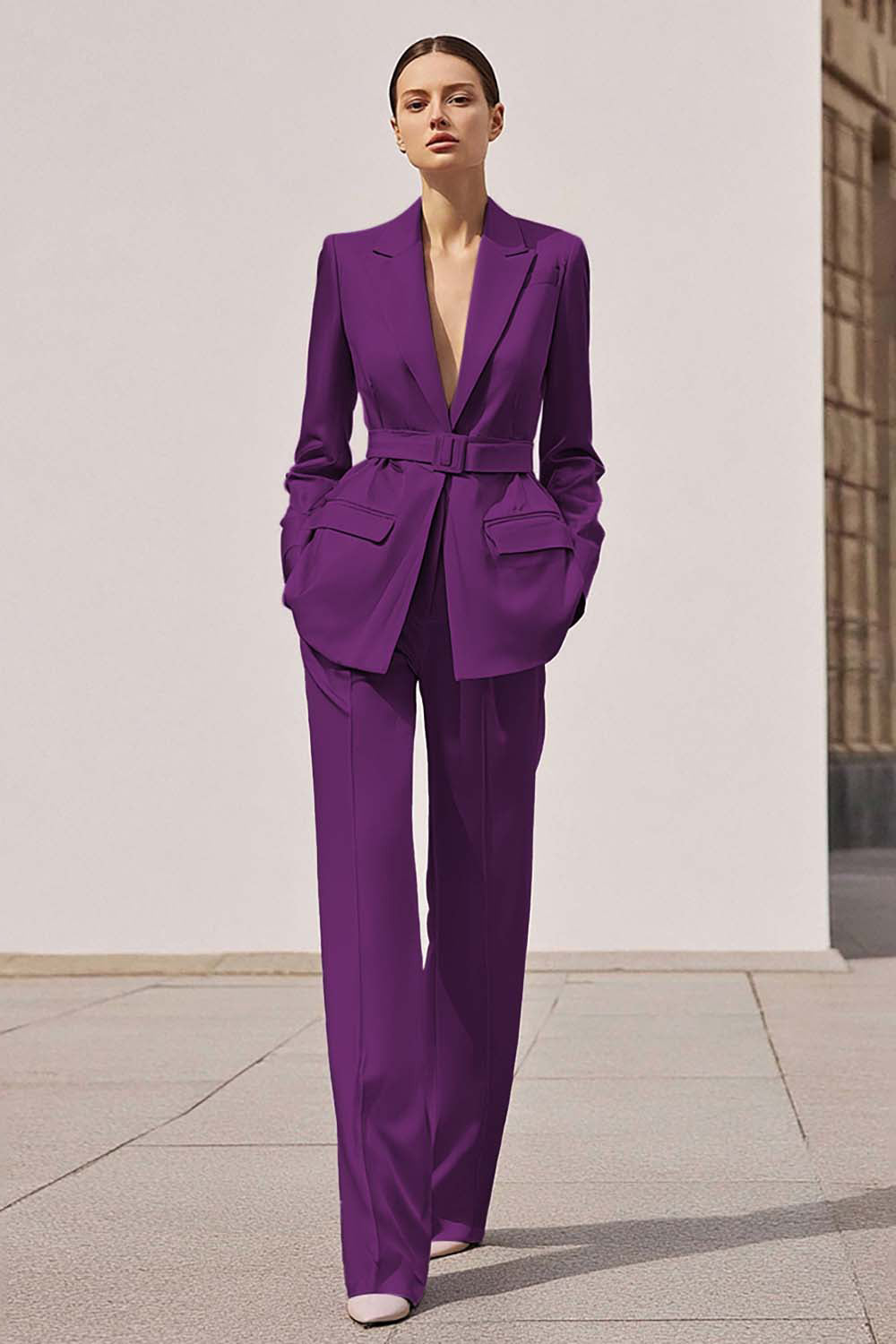 Lilac Satin Notched Lapel 2 Piece Long Sleeves Business Suits with Belt