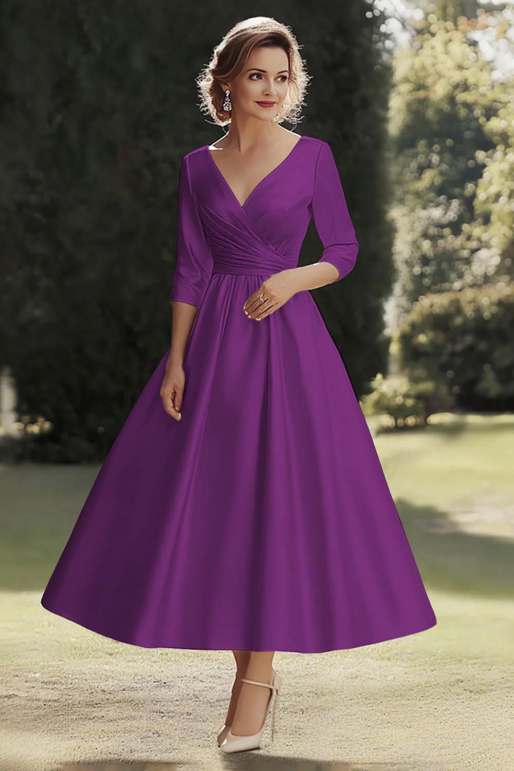 Champagne A Line Satin Half Sleeves Long Mother of the Bride Dress