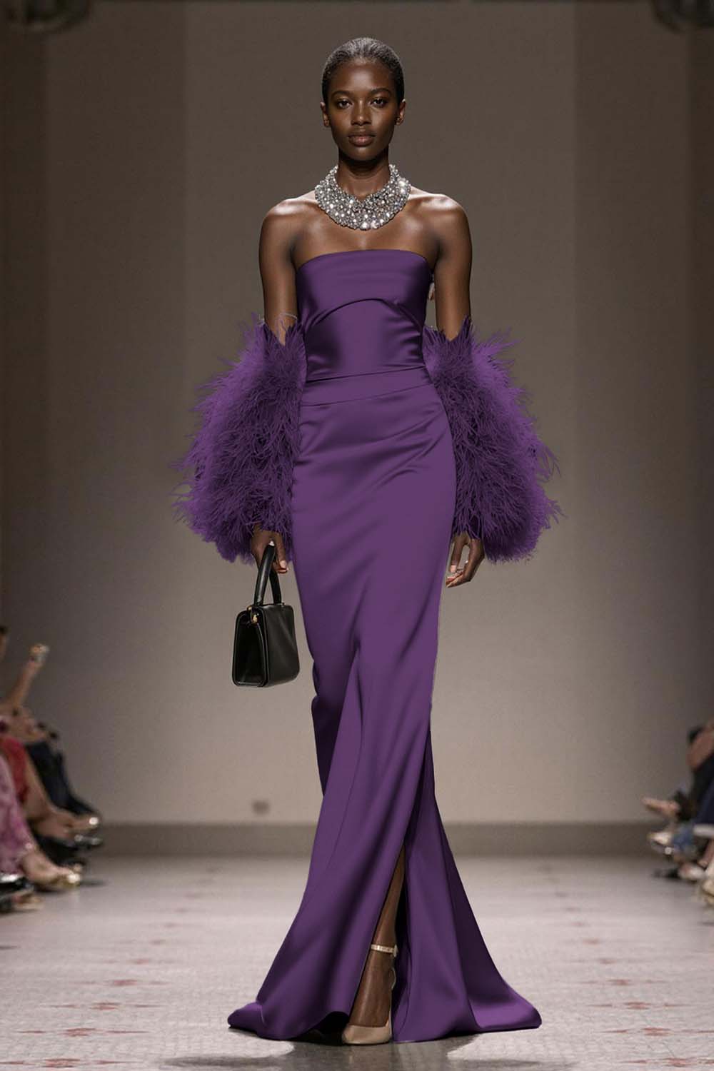 Silver Satin Mermaid  Strapless Long Formal Dress with Slit