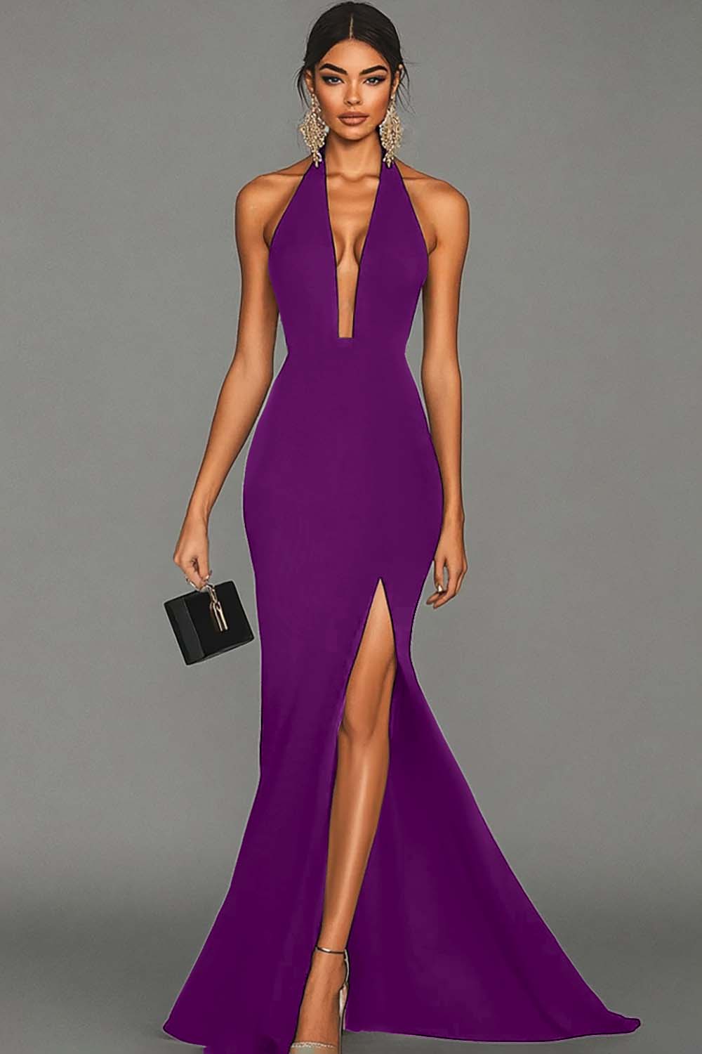 Zapakasa Women Black Mermaid Satin Halter Neck Long Formal Dress with Slit V-Neck Black Tie Dress Zapakasa Women Black Mermaid Satin Halter Neck Long Formal Dress with Slit V-Neck Black Tie Dress