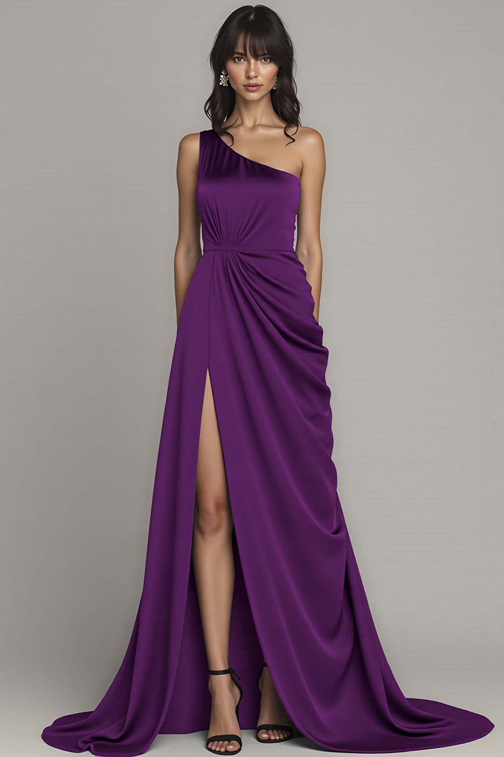 Black One Shoulder A Line Long Satin Formal Dress with Slit