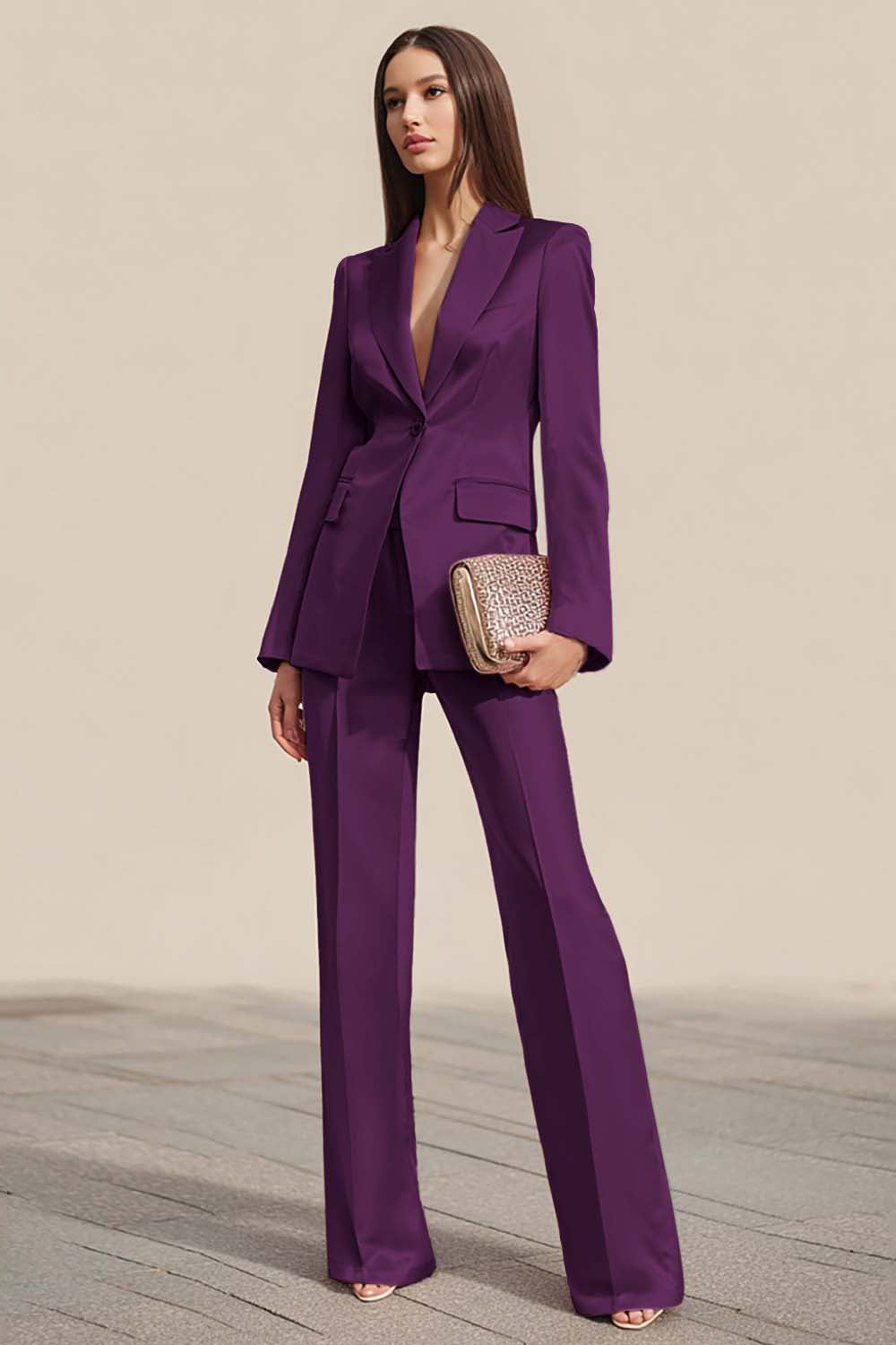 Dusty Rose 2 Piece Satin One Button Business Suits with Sleeves