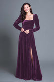 Burgundy A-Line Long Sleeves Velvet Long Holiday Party Dress with Slit