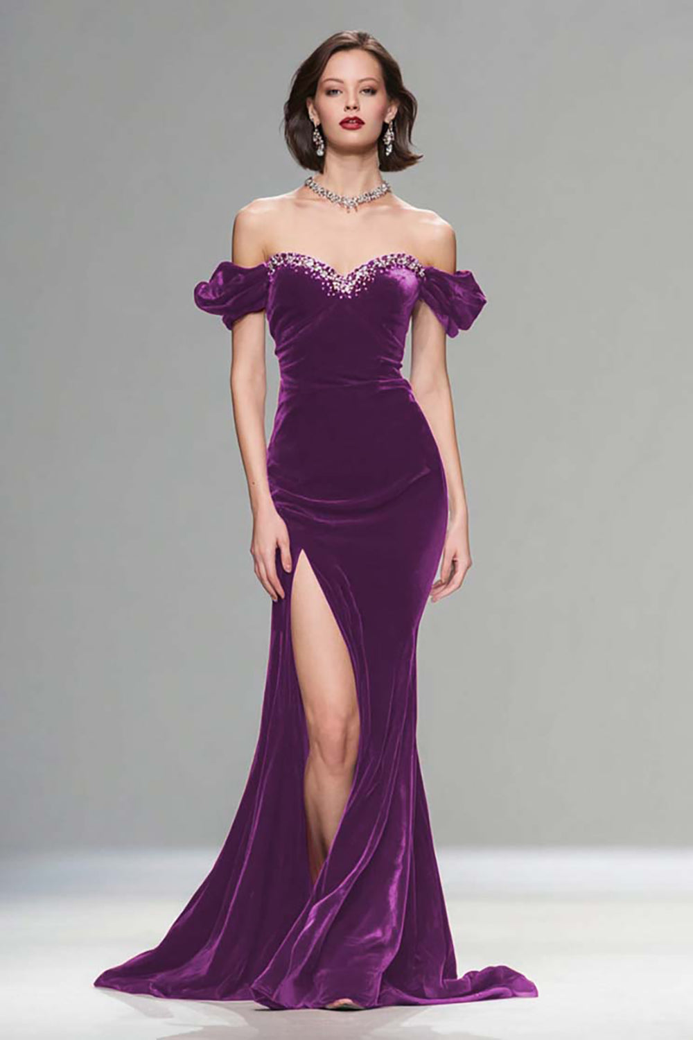 Sparkly Burgundy Velvet Mermaid Long Holiday Party Dress with Beading