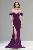Sparkly Burgundy Velvet Mermaid Long Holiday Party Dress with Beading