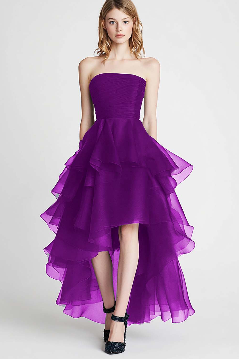 ZAPAKASA Women Navy A Line Tulle Tiered Formal Dress High Low Strapless Asymmetrical Pleated Ruched Prom Dress ZAPAKASA Women Navy A Line Tulle Tiered Formal Dress High Low Strapless Asymmetrical Pleated Ruched Prom Dress