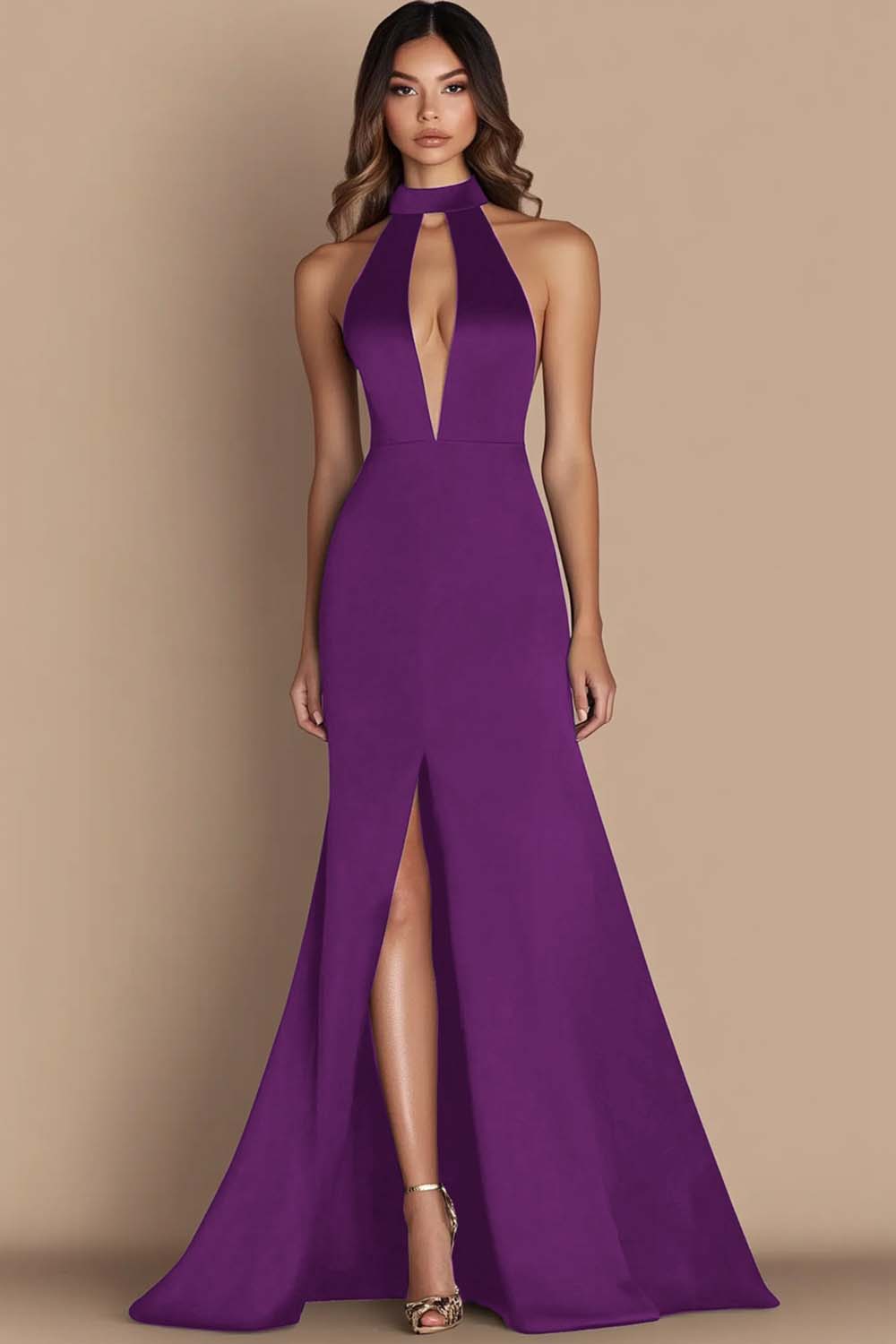Simple Halter Satin Long Keyhole Black Tie Dress with Slit