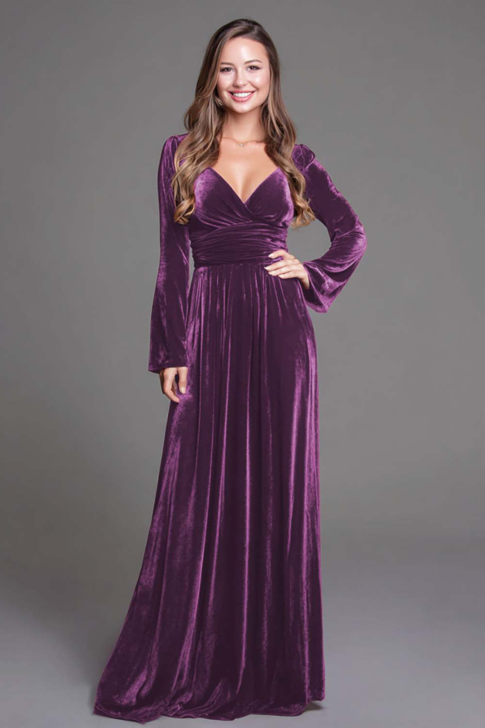 Burgundy Velvet A-Line V-Neck Long Holiday Party Dress with Sleeves