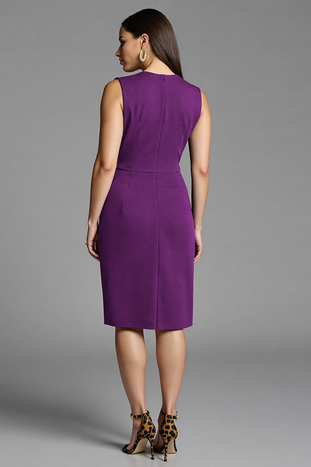 Navy Bodycon Satin V-Neck Ruched Midi Work Dress with Ruffles
