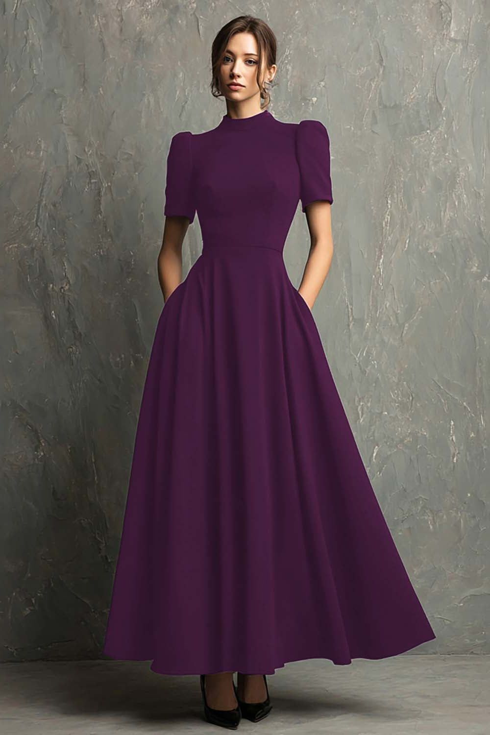 Black High Neck Short Sleeves A-Line Long Formal Dress with Pockets
