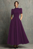 Black High Neck Short Sleeves A-Line Long Formal Dress with Pockets