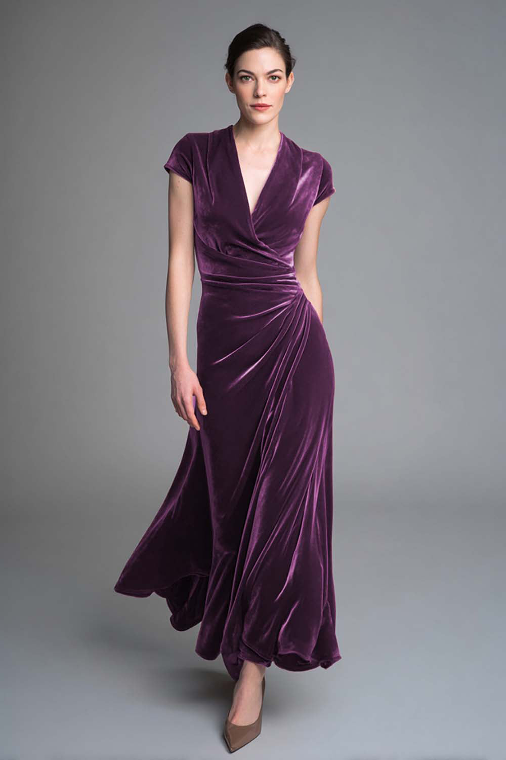 Caramel Velvet Ruched V Neck Long Holiday Party Dress with Sleeves