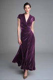 Caramel Velvet Ruched V Neck Long Holiday Party Dress with Sleeves