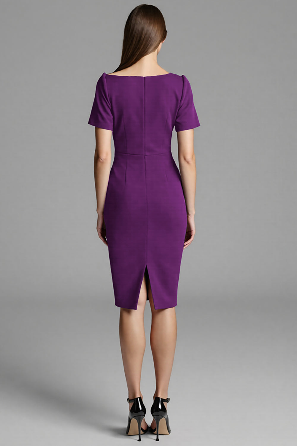 Navy Satin Bodycon Asymmetrical Neck Midi Work Dress with Sleeves