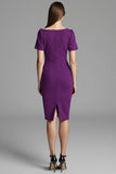 Navy Satin Bodycon Asymmetrical Neck Midi Work Dress with Sleeves
