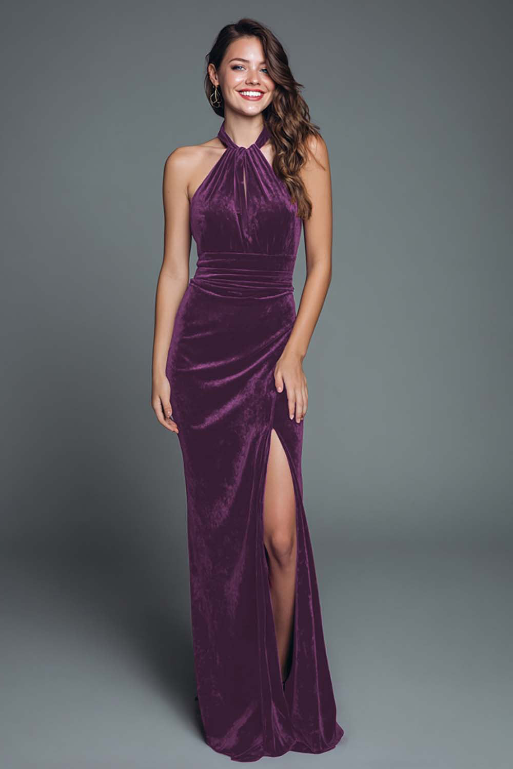 Burgundy Halter Velvet Mermaid Long Holiday Party Dress with Slit