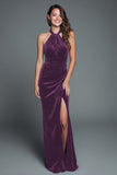 Burgundy Halter Velvet Mermaid Long Holiday Party Dress with Slit