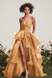 A Line Sweetheart Ruffled Navy Prom Dress with Front Slit