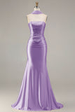 Sparkly Champagne Mermaid Neck Scarf Long Prom Dress with Beading