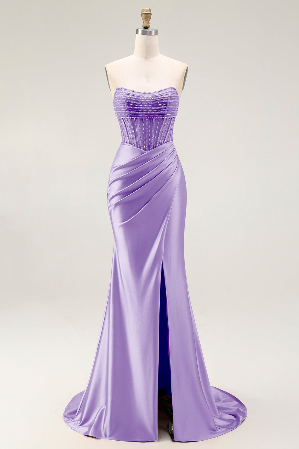 Sparkly Blush Mermaid Strapless Satin Long Prom Dress with Slit